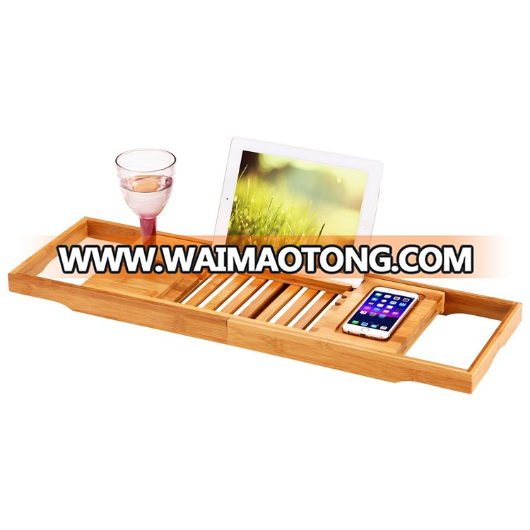 Natural Bamboo Bath Caddy Bathtub Tray with Extending Sides Adjustable Book Holder Tray Organizer for Phone and Wineglass